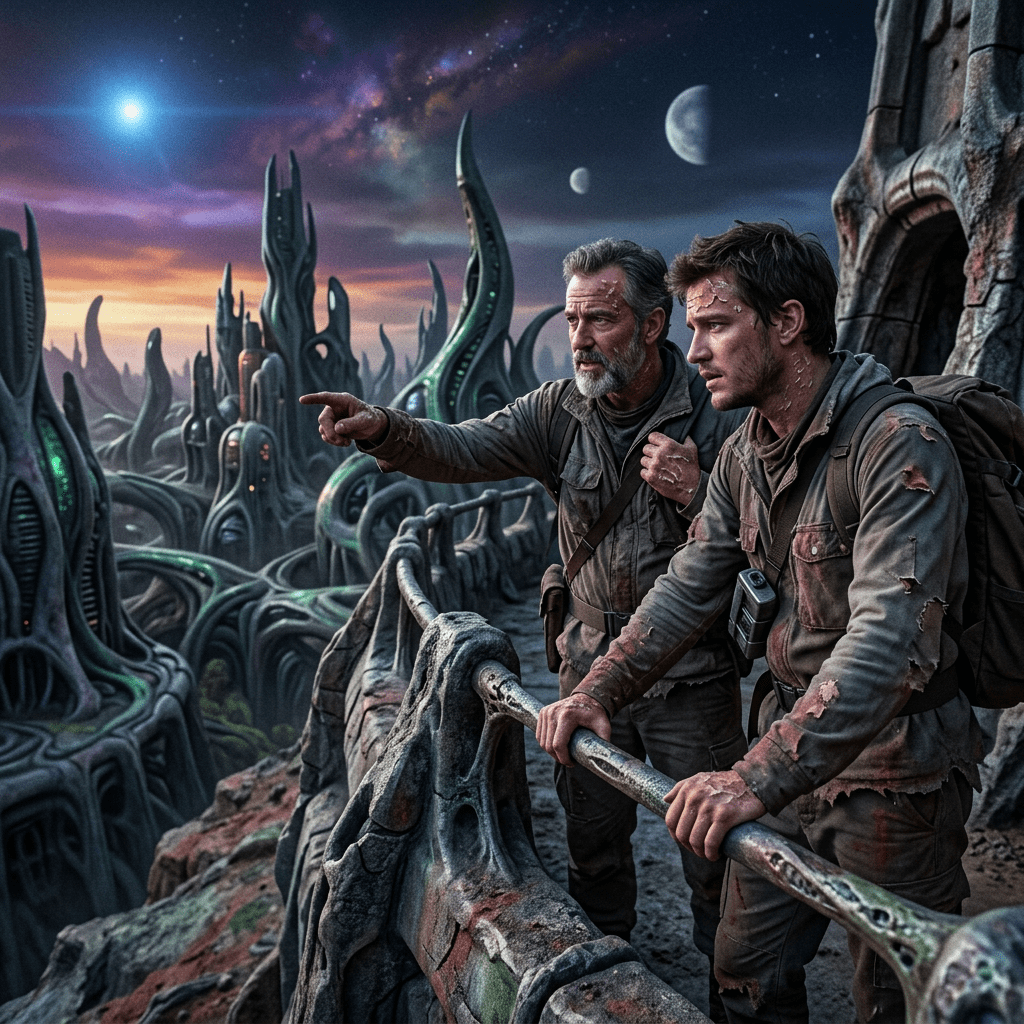 Two men on alien rampart, skin flaking