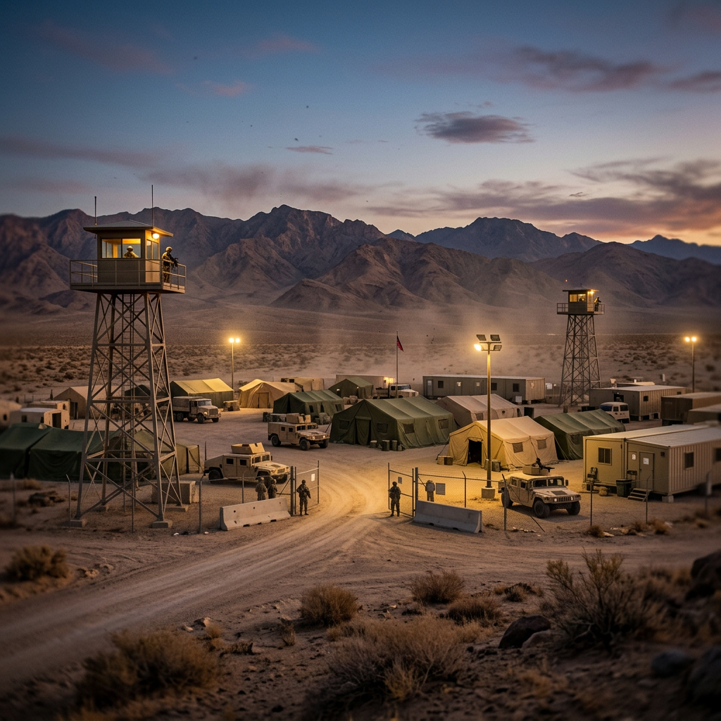 Military base in a desert with tents, vehicles, watchtowers, and soldiers at dusk