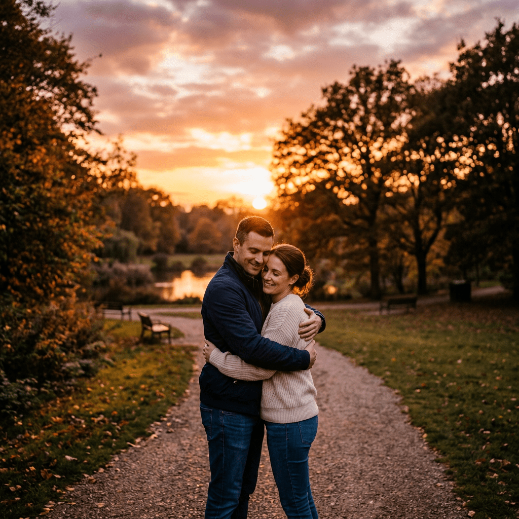 Couple hugging on a park path with sunset and trees in the background