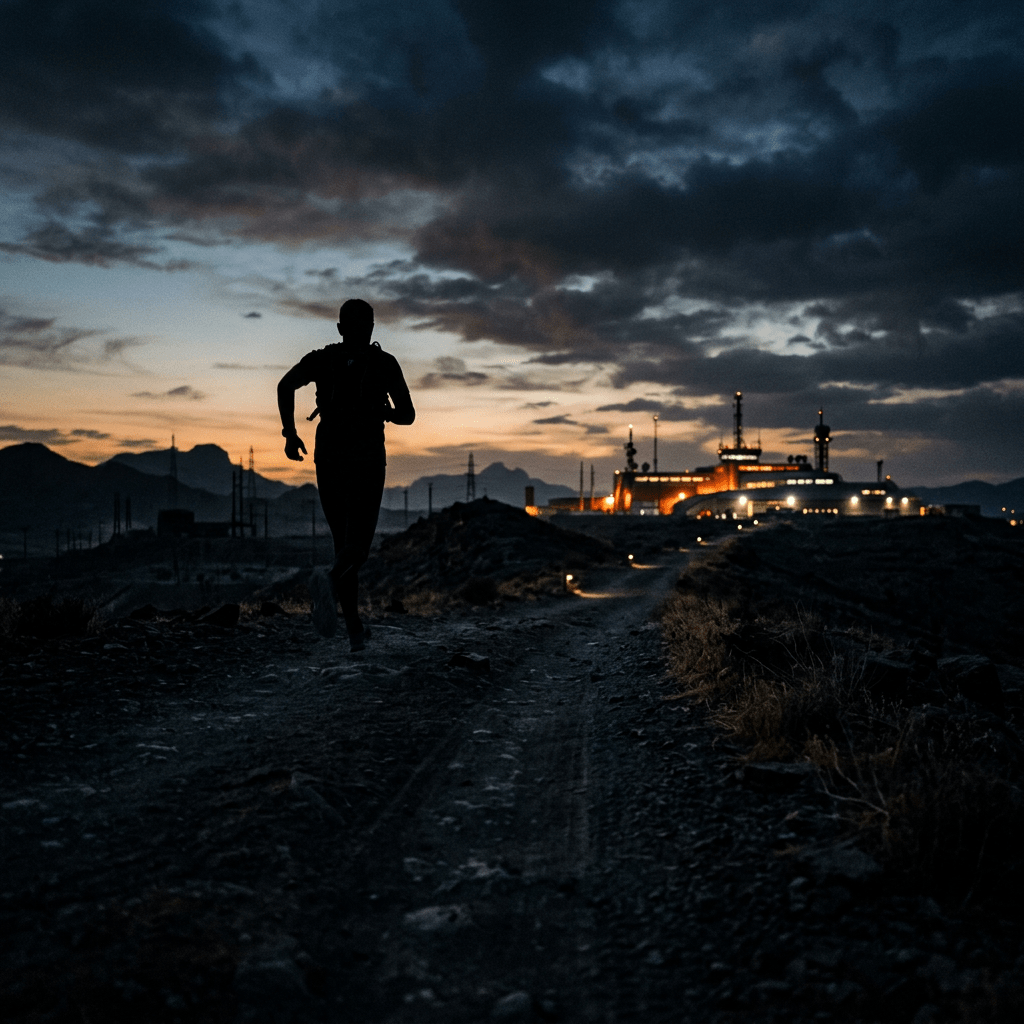 Silhouette of a runner on a rocky trail with a lit industrial facility and mountains at dusk