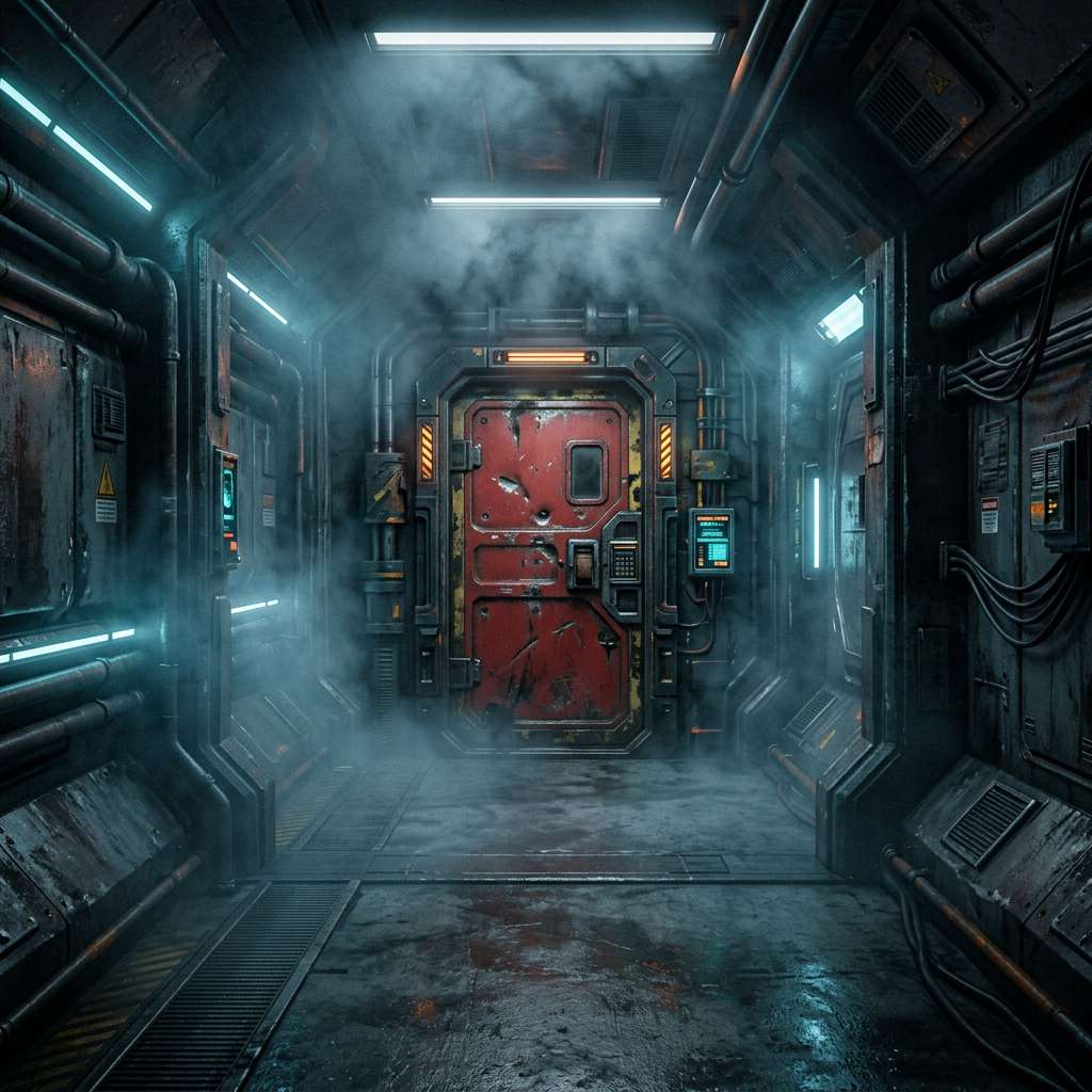 Dimly lit industrial corridor with pipes, fog, and a weathered red door at the end