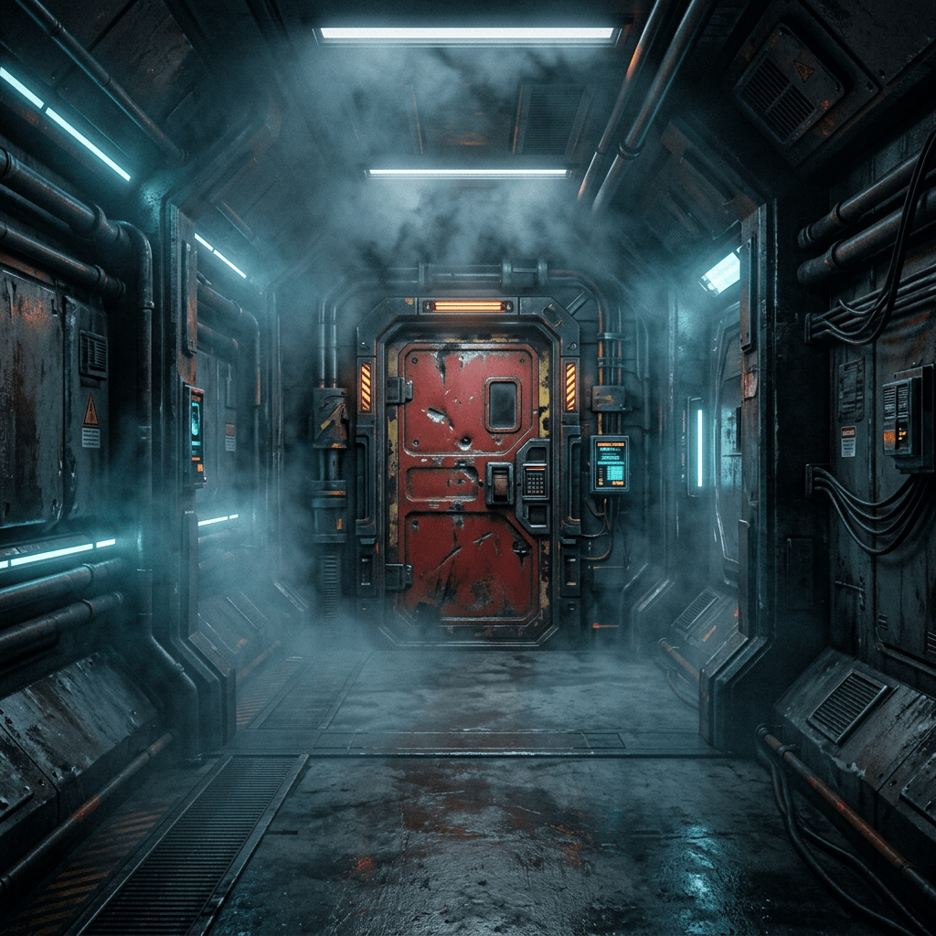 Dimly lit industrial corridor with pipes, fog, and a weathered red door at the end