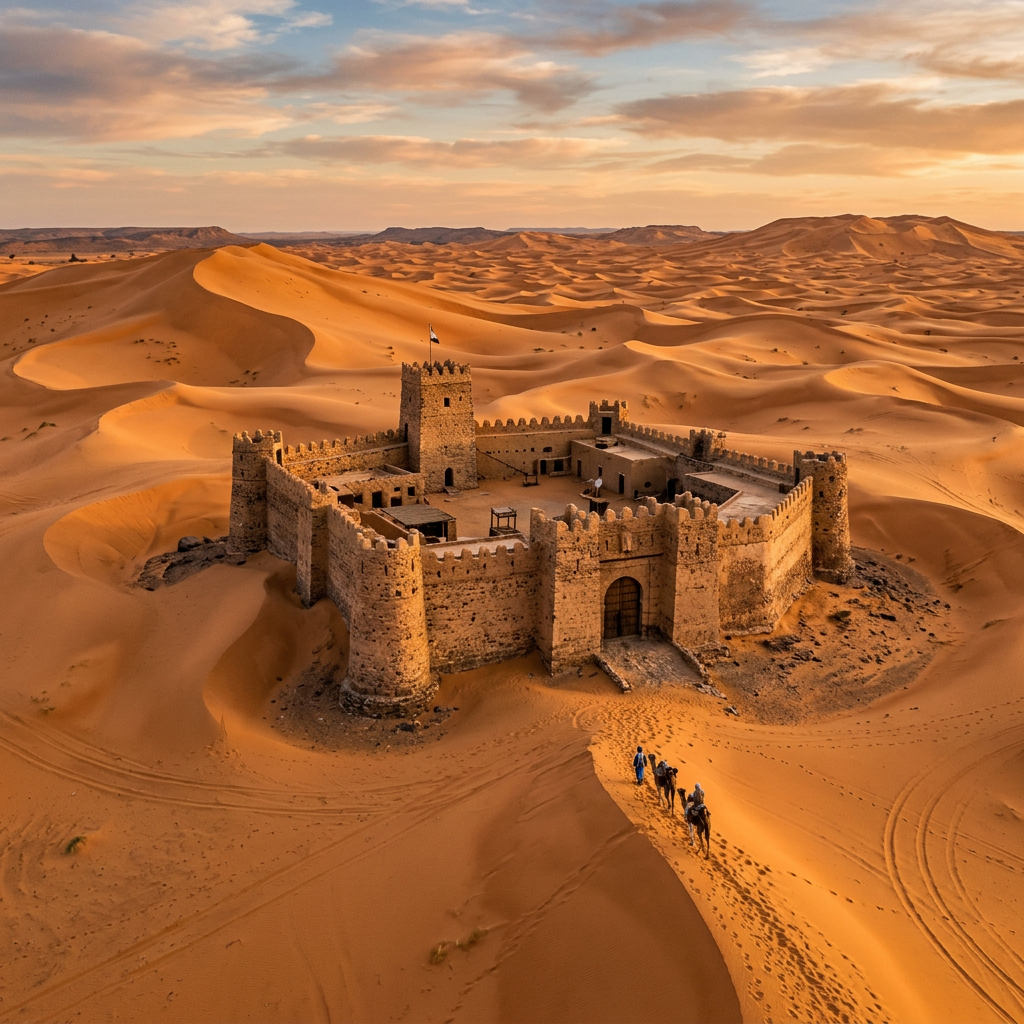 Stone fortress surrounded by sand dunes and camel caravan approaching entrance