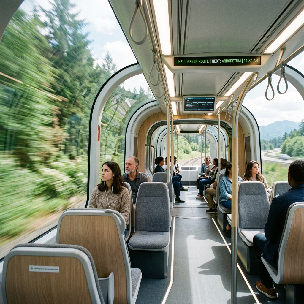 Passengers seated in a modern train car with large panoramic windows showing green trees and landscape outside