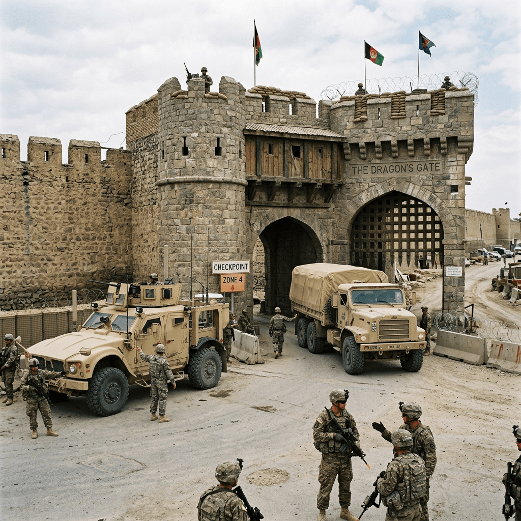 Military checkpoint with soldiers guarding a stone gate labeled The Dragon's Gate