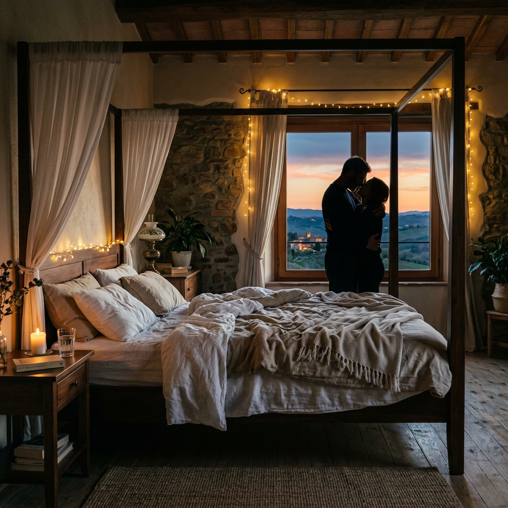 Couple embracing by window in softly lit bedroom at sunset