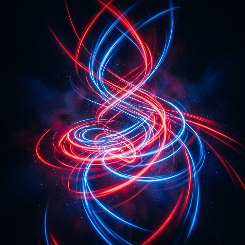 Intertwining red and blue light trails against a dark background