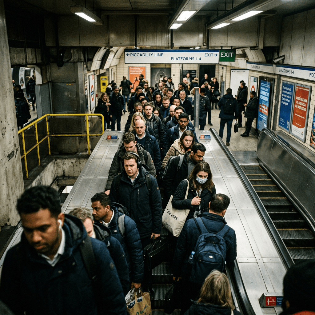 People standing on escalator in London Underground station heading to Piccadilly line platforms