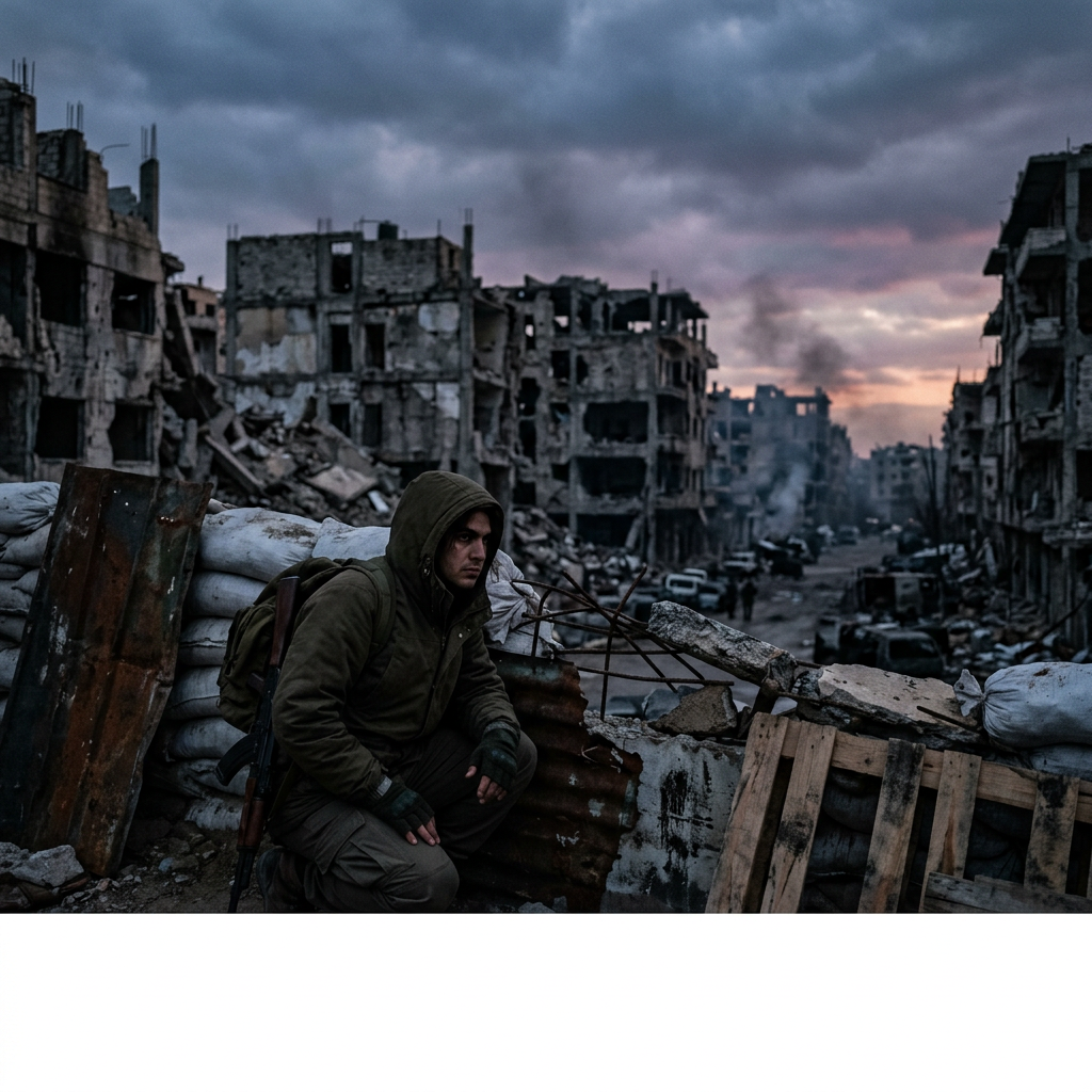 A soldier in a green jacket crouching behind sandbags and debris in a war-torn urban area with ruined buildings and smoke in the background