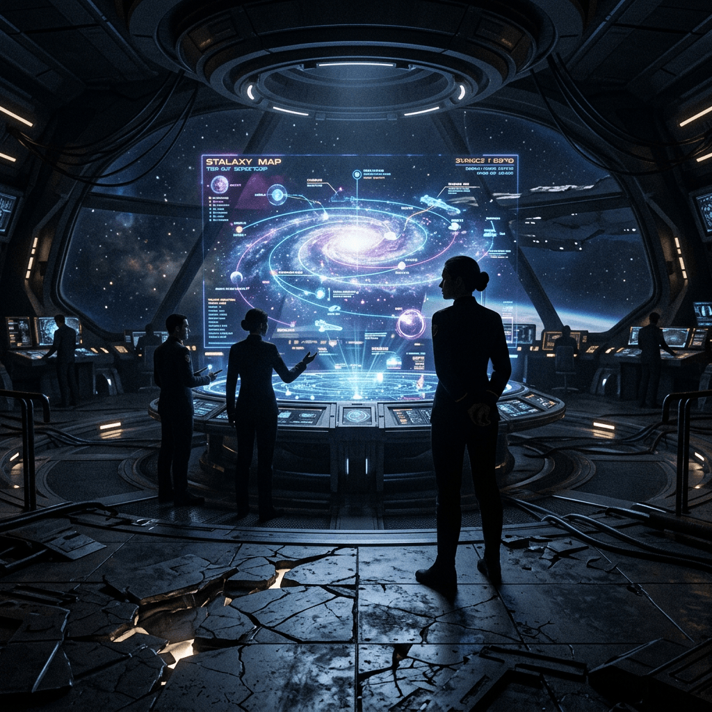 Crew observing holographic galaxy map in spaceship control room