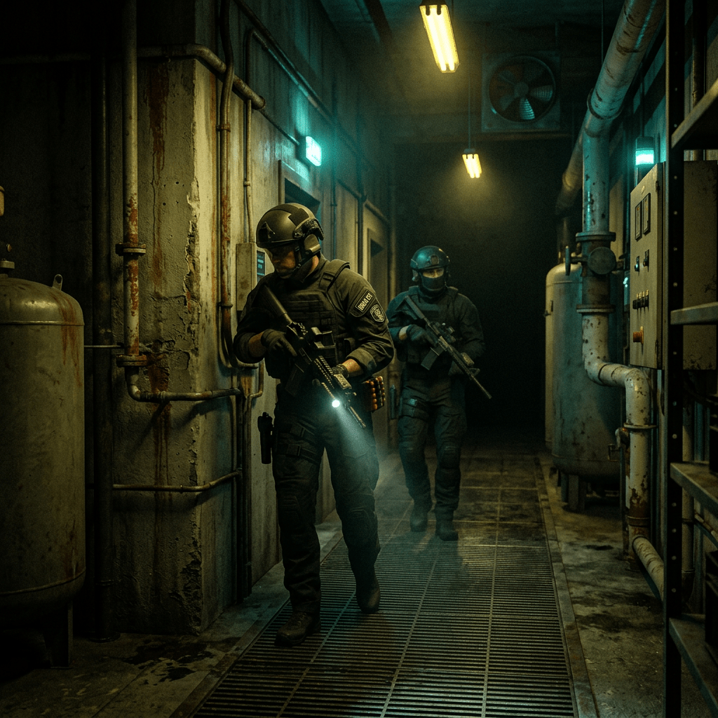 Two tactical officers in black gear with rifles moving through a rusty industrial corridor with pipes and control panels.