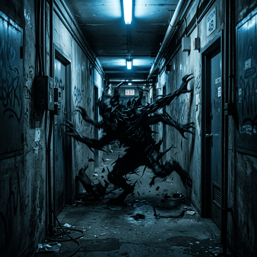 Shadowy monstrous figure with multiple limbs breaking through debris in a dark hallway covered in graffiti