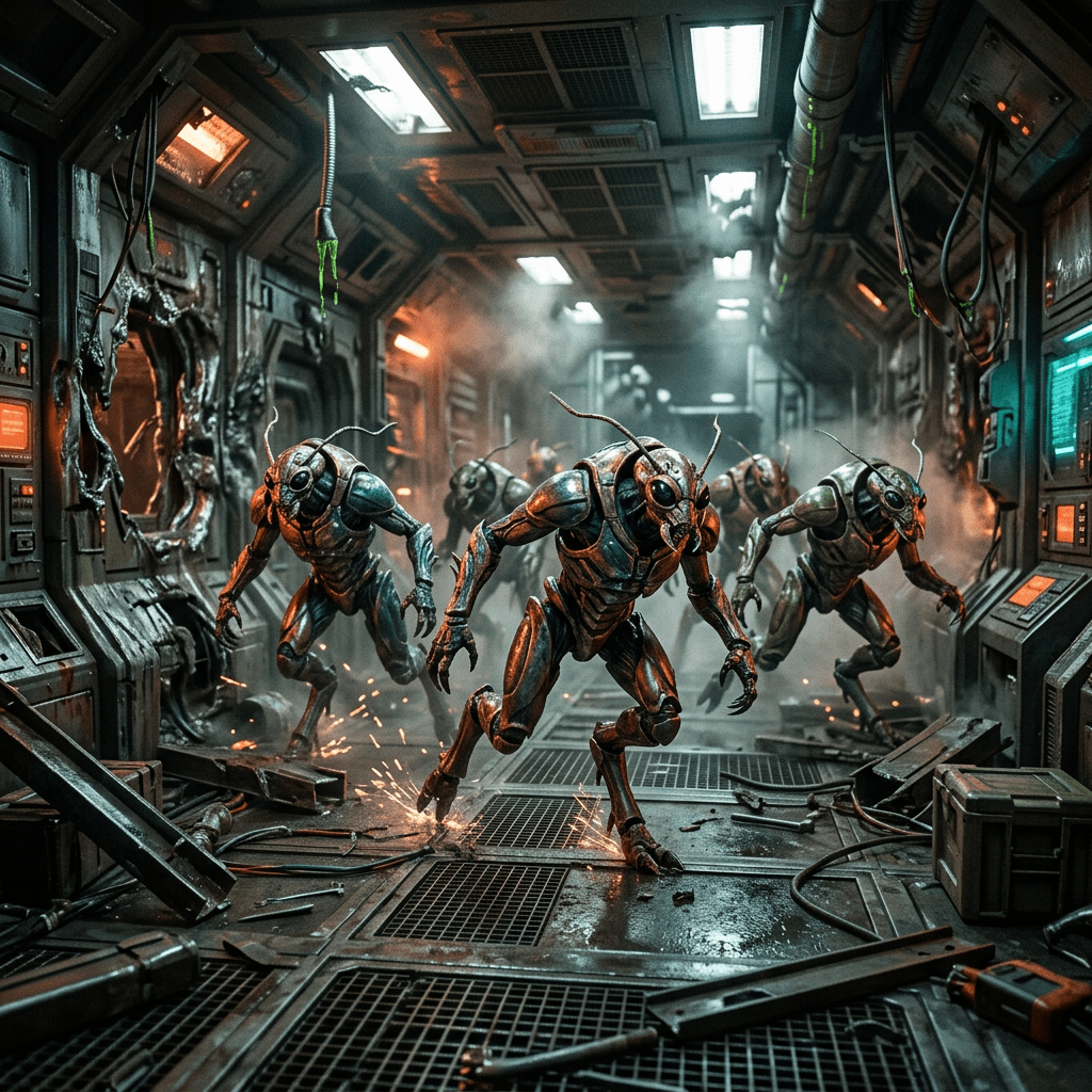 Insectoid robotic aliens running through a futuristic spaceship corridor with sparks and damage