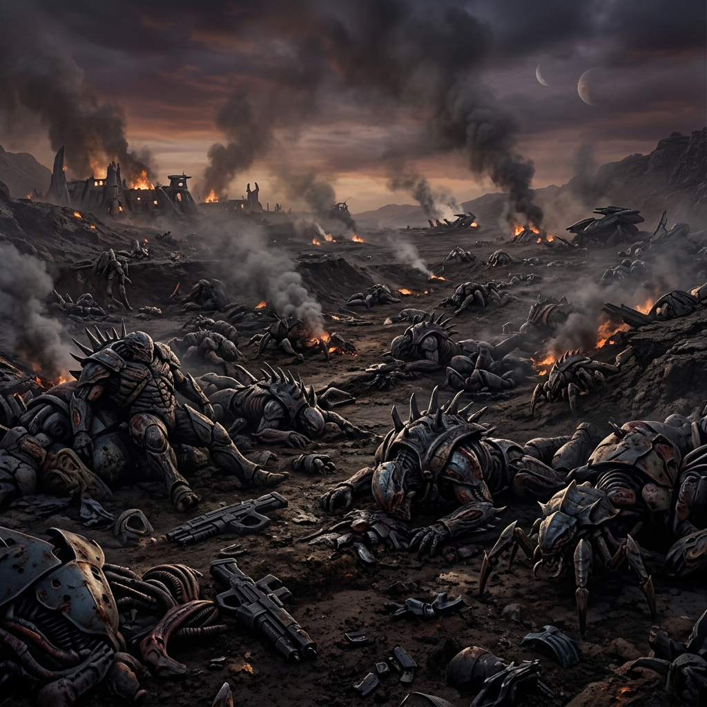 Desolate battlefield with fallen robotic warriors, smoke, and fires under a darkening sky with two moons.