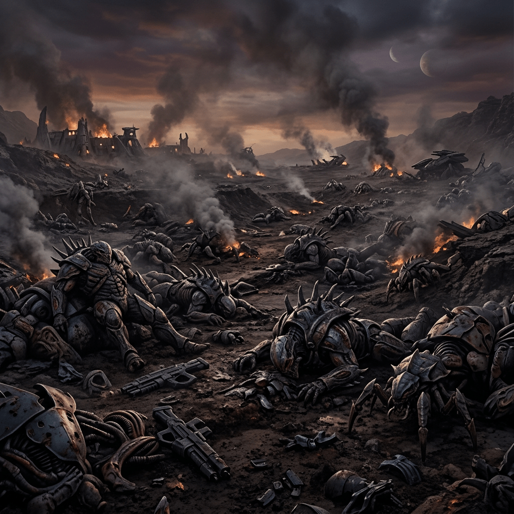 Desolate battlefield with fallen robotic warriors, smoke, and fires under a darkening sky with two moons.