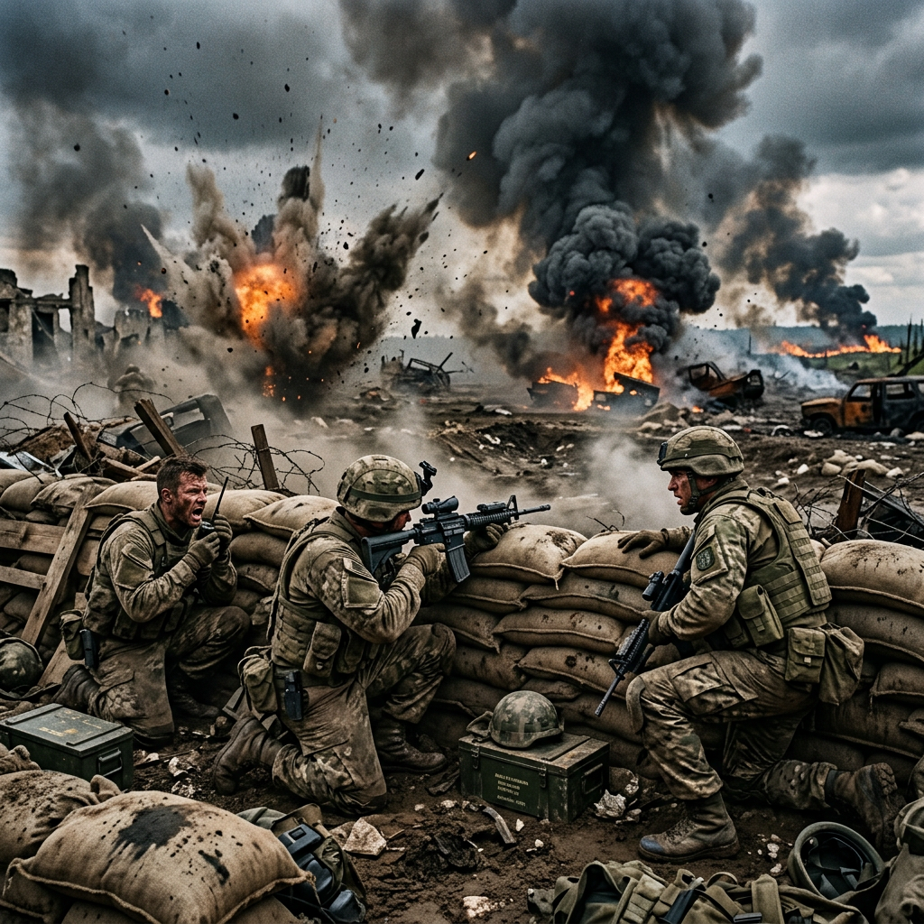 Soldiers taking cover behind sandbags during intense battle explosions with fire and smoke