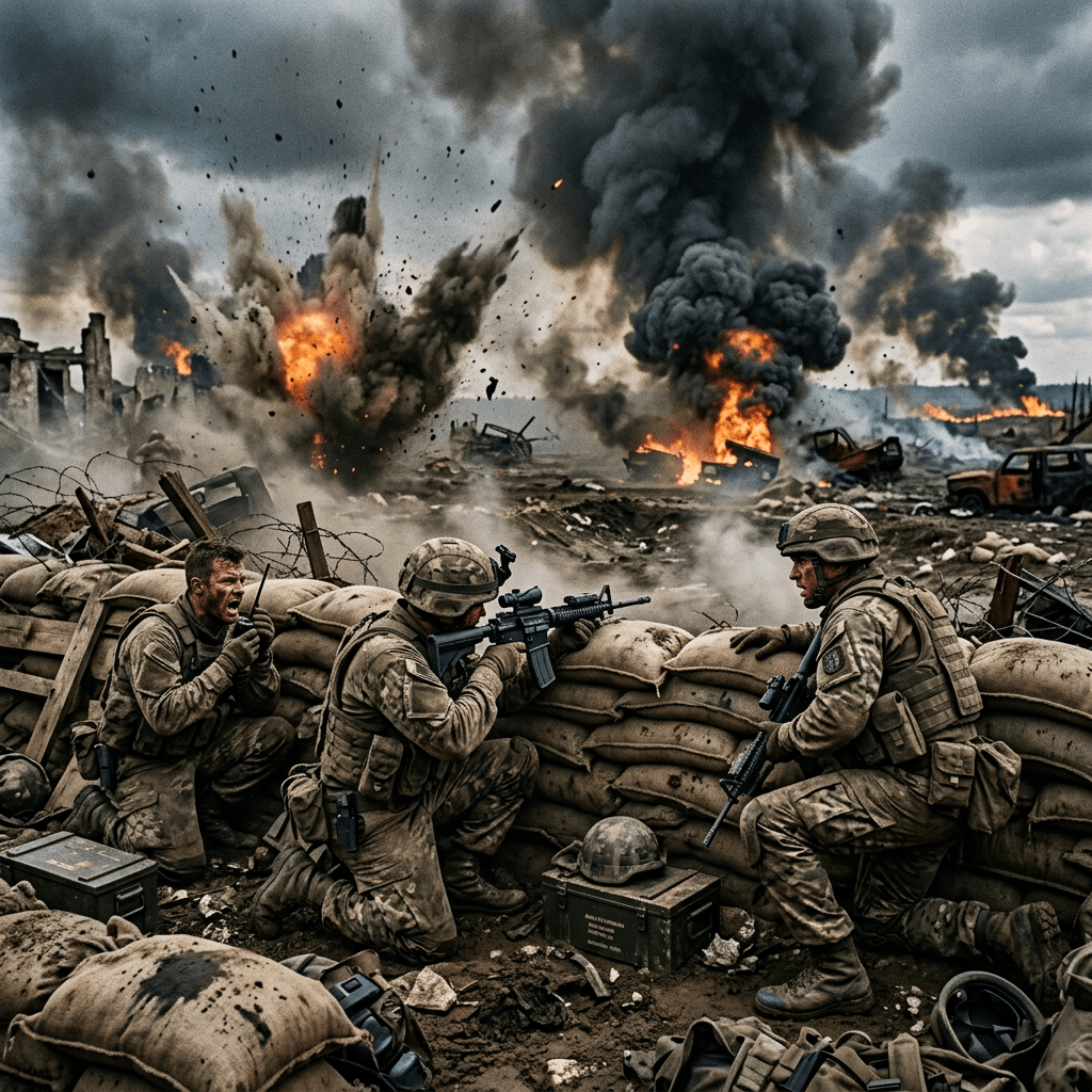 Soldiers taking cover behind sandbags during intense battle explosions with fire and smoke