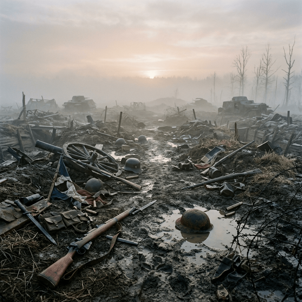 Muddy battlefield with abandoned World War I weapons, helmets, and a tattered flag.