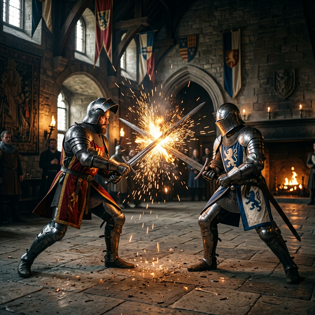 Two knights in full armor clashing swords with sparks in a medieval stone hall