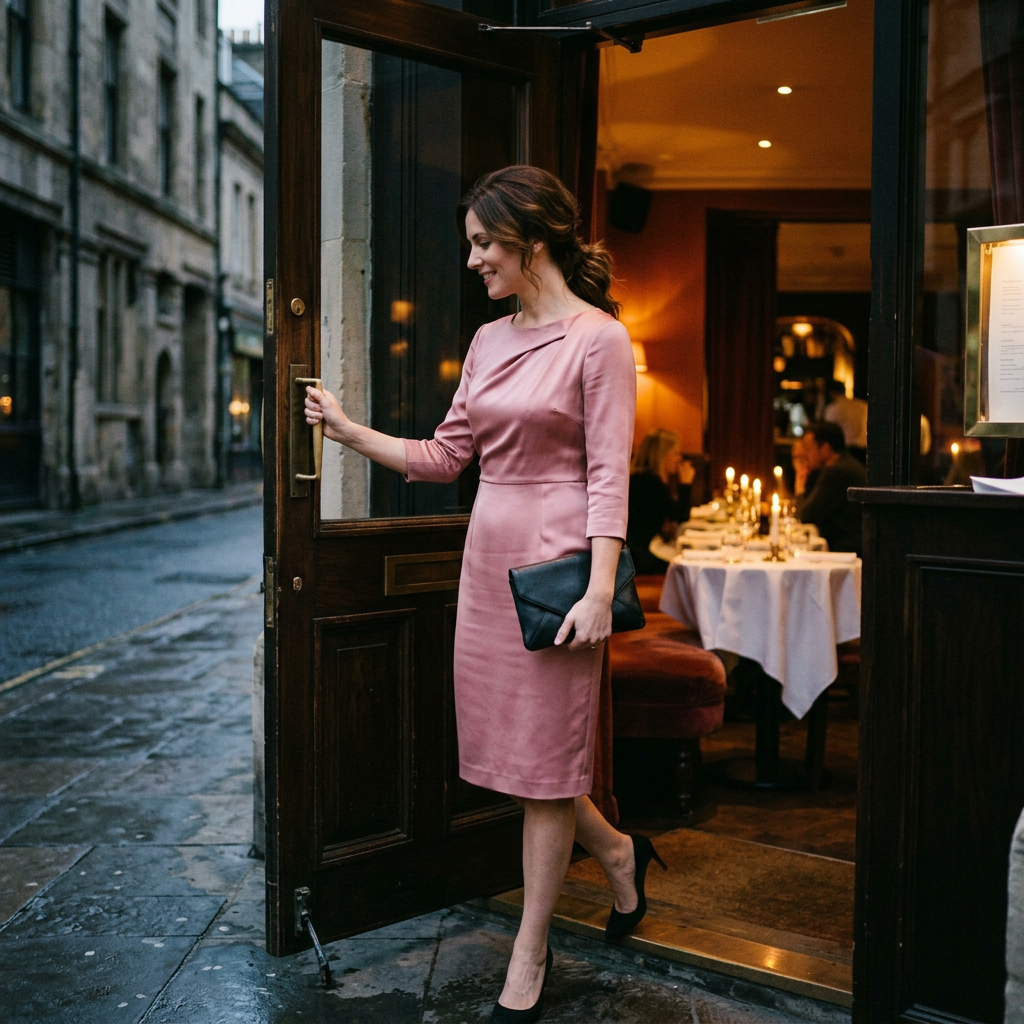 Woman in pink dress holding a black clutch exiting a restaurant door
