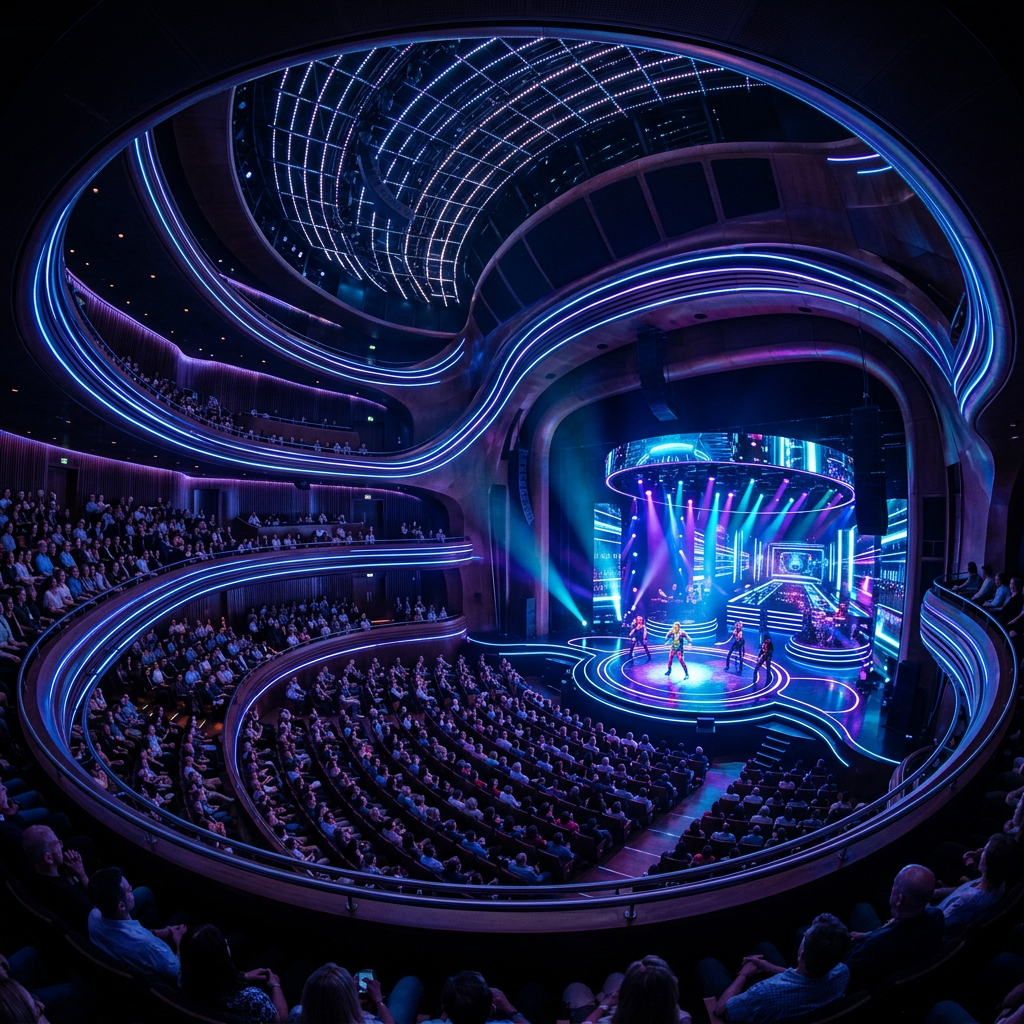 Concert stage with performers in front of a packed modern theater audience under neon blue and purple lights