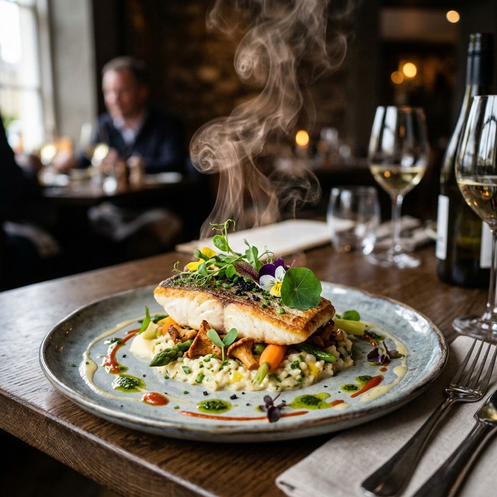 Seared fish fillet on vegetable risotto with edible flowers and herbs