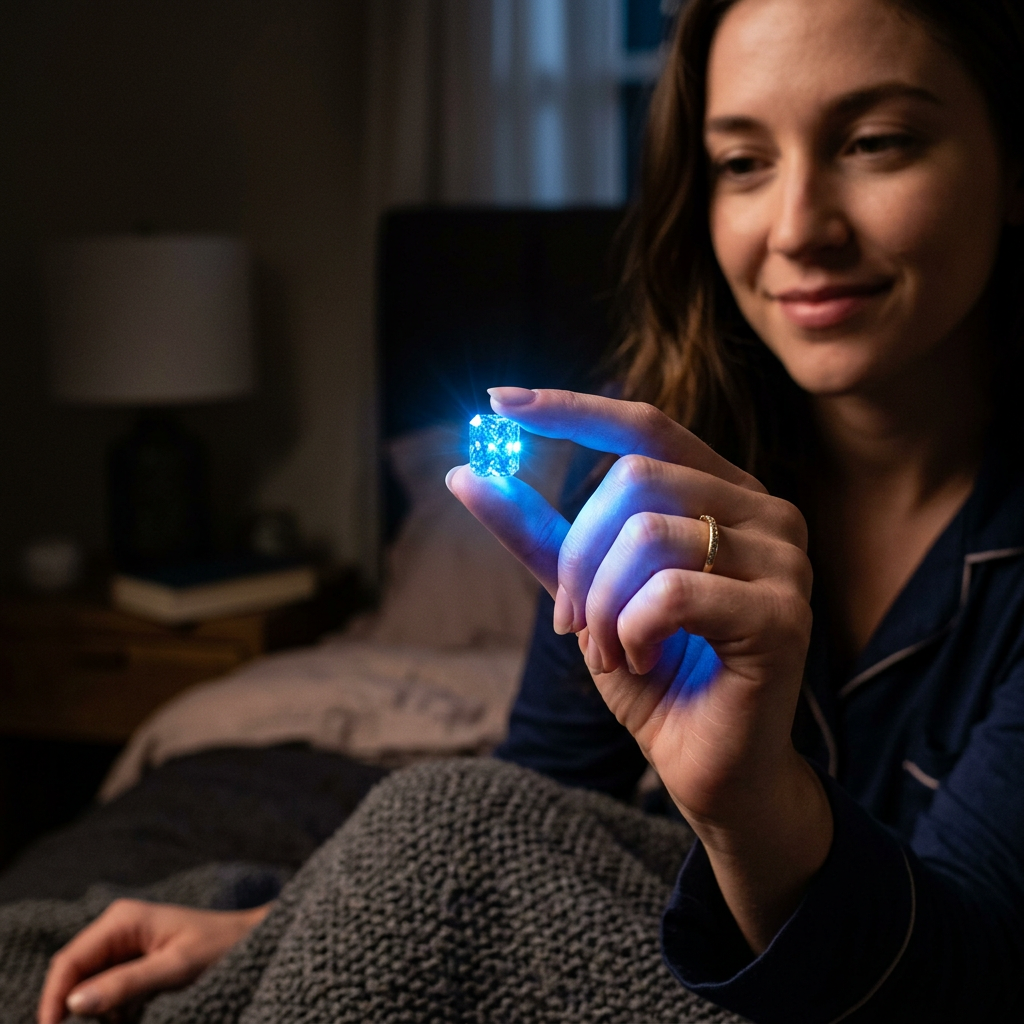 Woman in pajamas holding a glowing blue cube between fingers.
