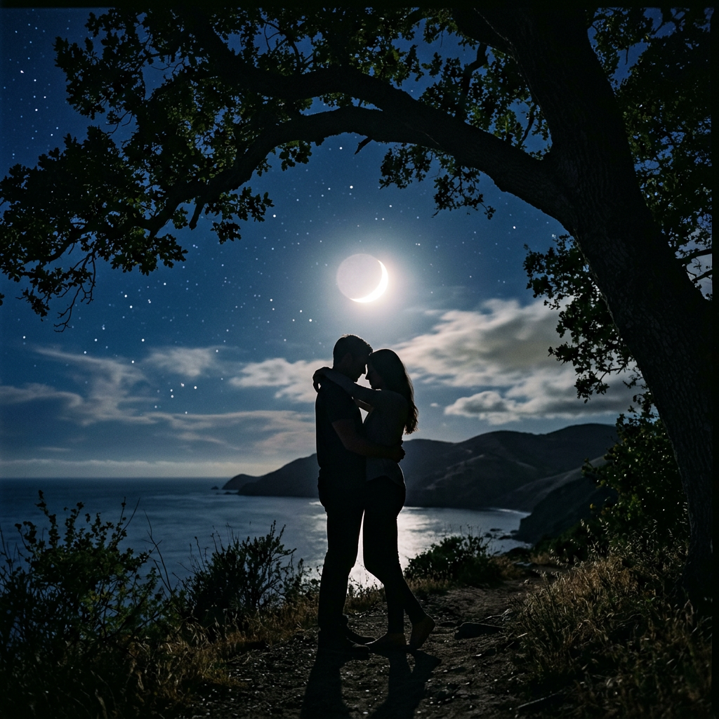 Silhouetted couple embracing under a crescent moon with stars above and ocean below
