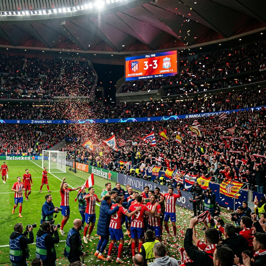 Atletico Madrid players celebrating with fans after 3-3 draw vs Liverpool
