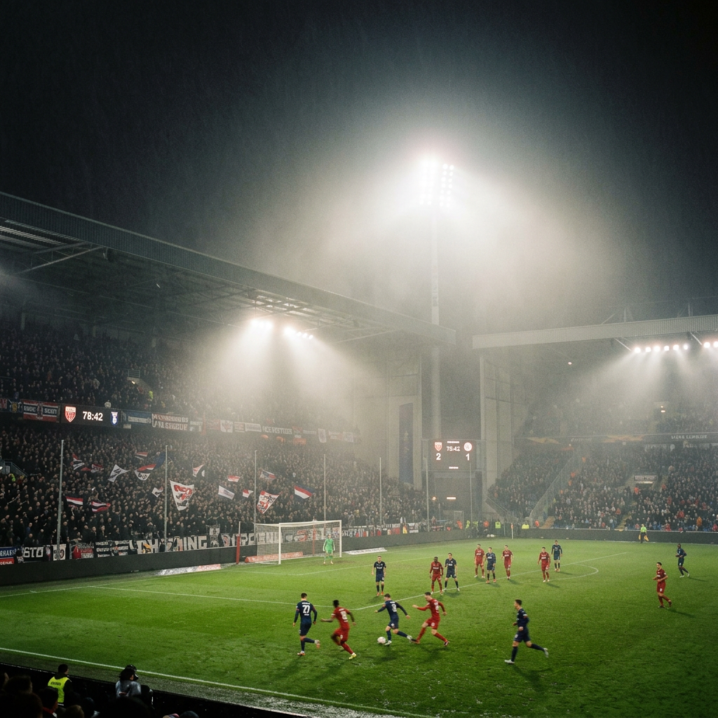 Soccer match at night with players in red and blue jerseys, illuminated by stadium lights