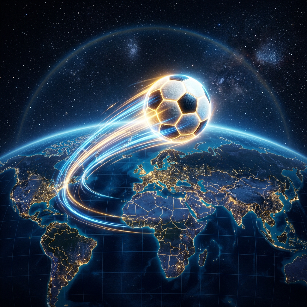 Glowing soccer ball flying over Earth with digital light trails representing global connection