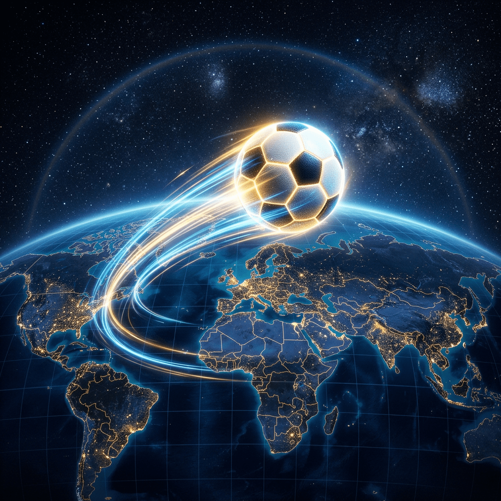 Glowing soccer ball flying over Earth with digital light trails representing global connection