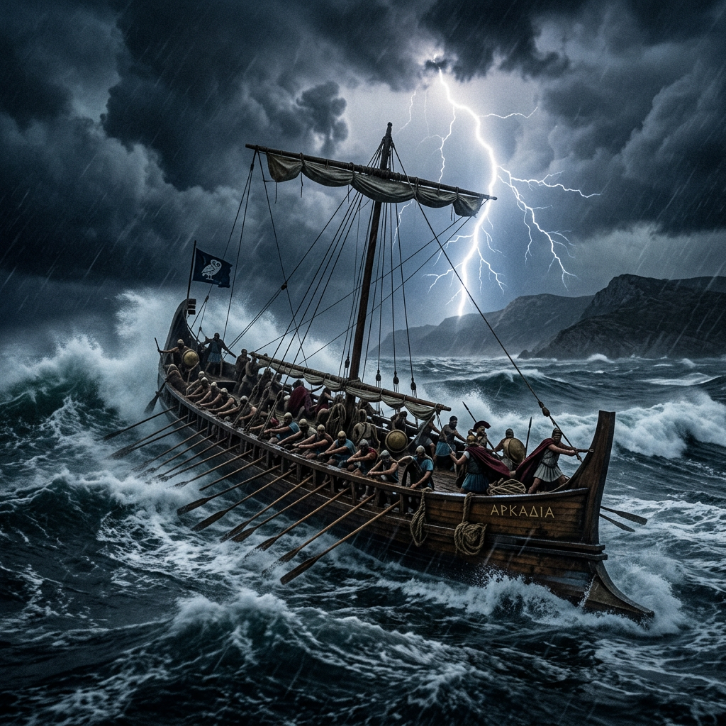 Ancient wooden trireme with rowers in a stormy sea with lightning and dark clouds