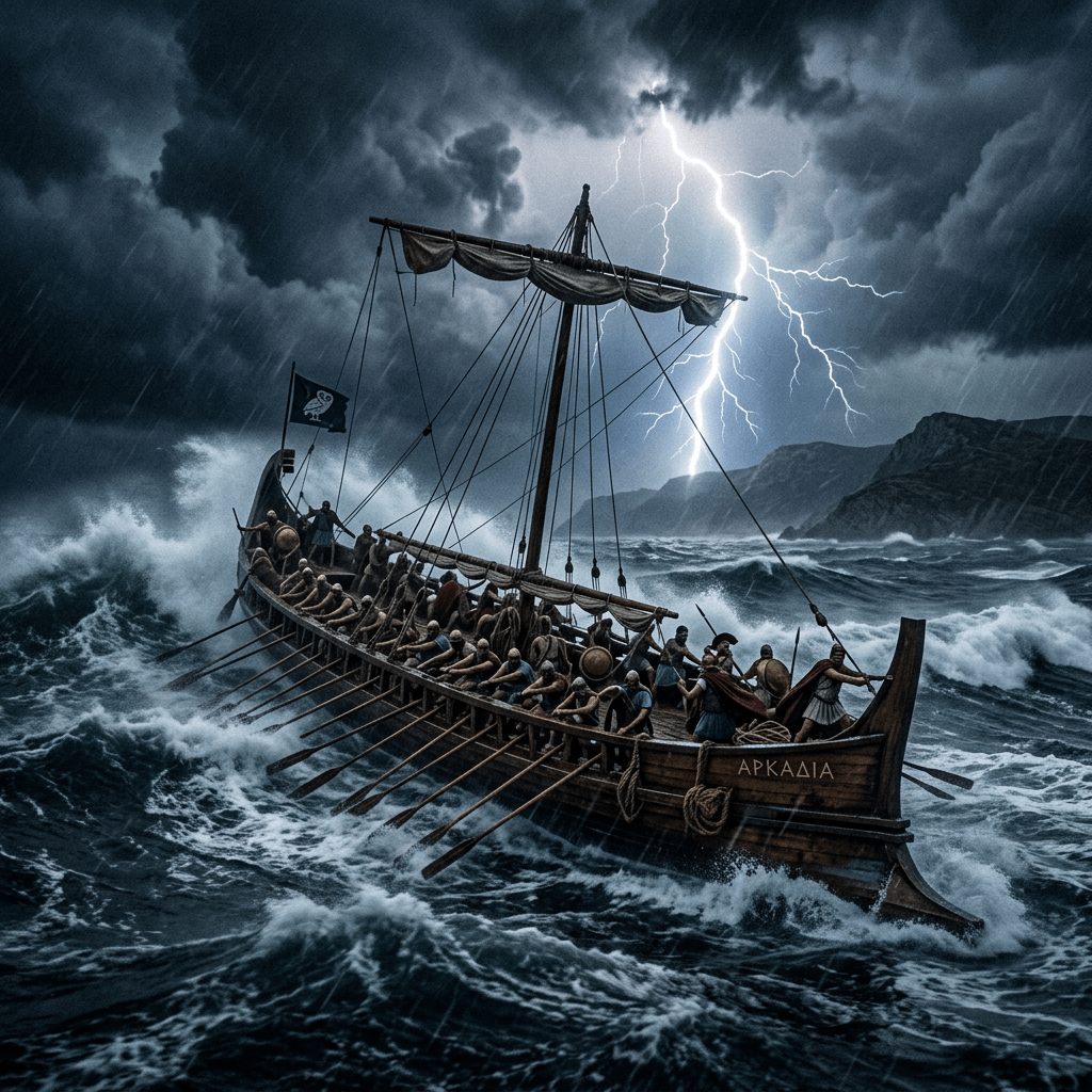 Ancient wooden trireme with rowers in a stormy sea with lightning and dark clouds