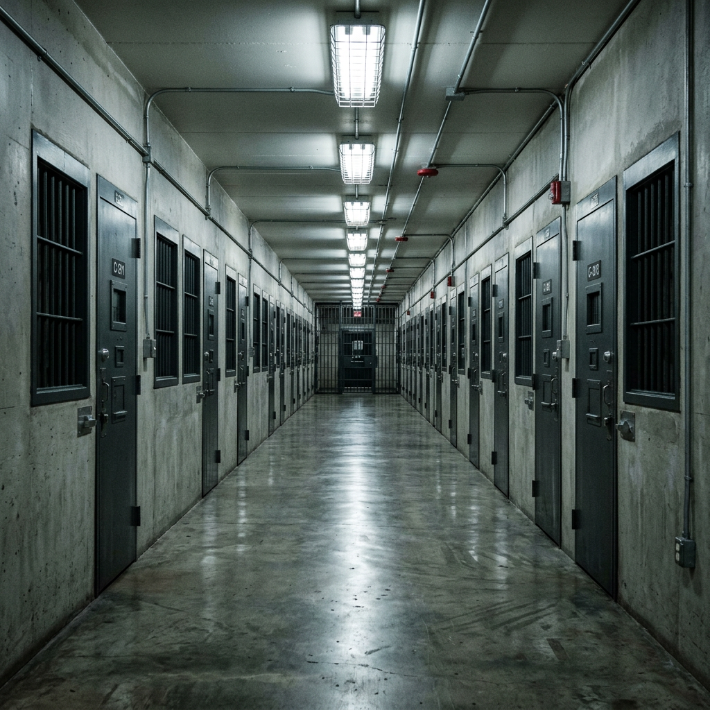 Long corridor with rows of closed prison cell doors and overhead fluorescent lights