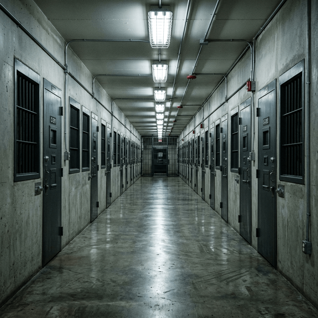 Long corridor with rows of closed prison cell doors and overhead fluorescent lights