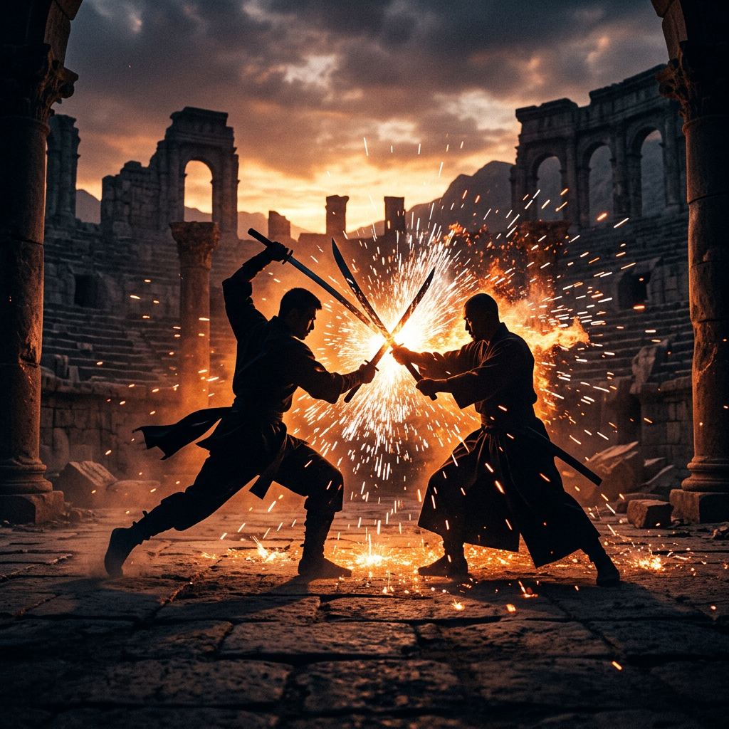 Two samurai fighting with swords in ancient ruins with sparks flying at sunset