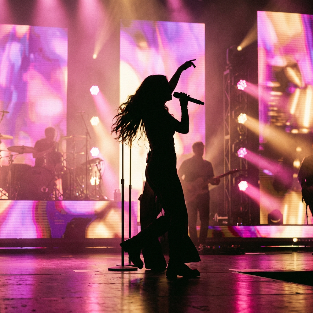 Silhouetted lead singer holding a microphone on stage with vibrant purple and pink lights and band members