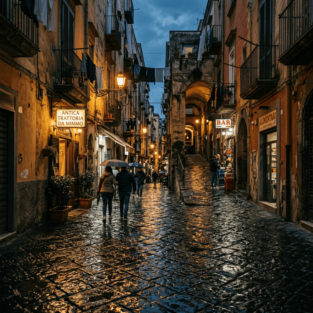Wet cobblestone street with people holding umbrellas and lit shop signs in Italian town