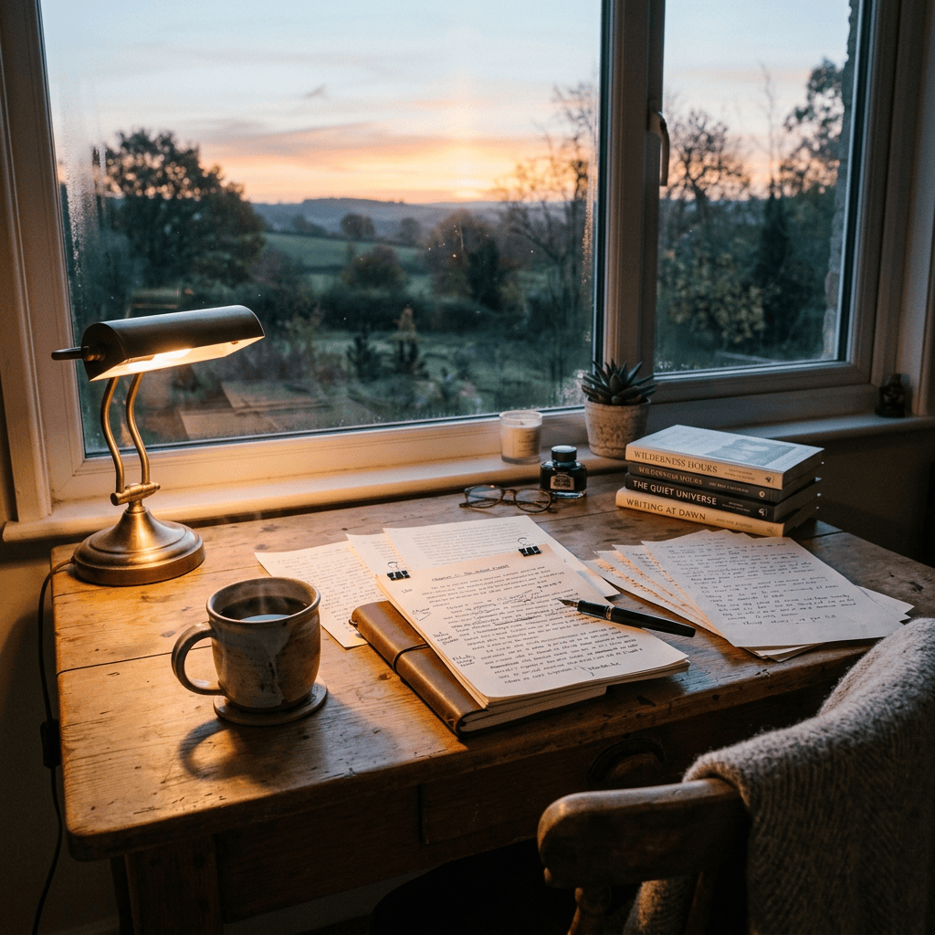 Wooden desk with handwritten pages, books, a lamp, coffee mug, and window showing sunset outside
