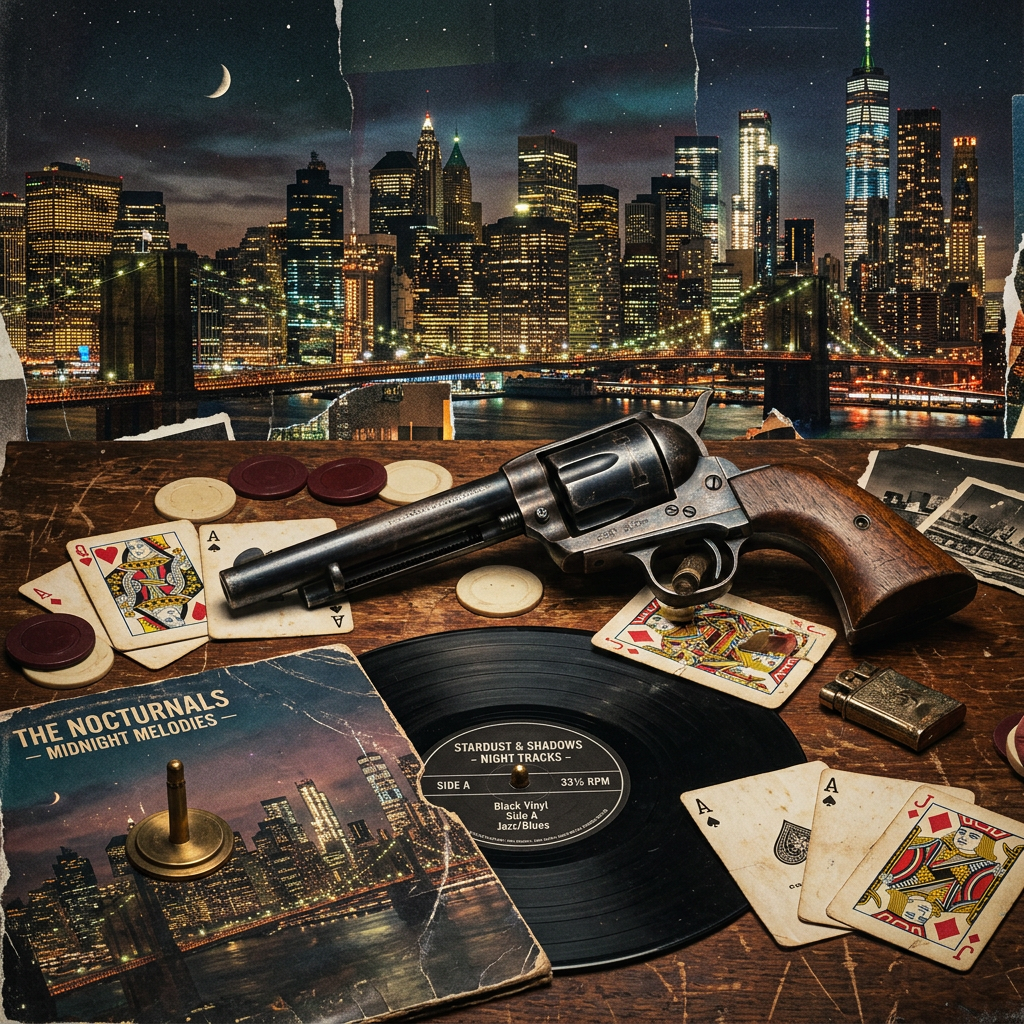 Vintage revolver, playing cards, poker chips, and vinyl records on a wooden table with city skyline at night