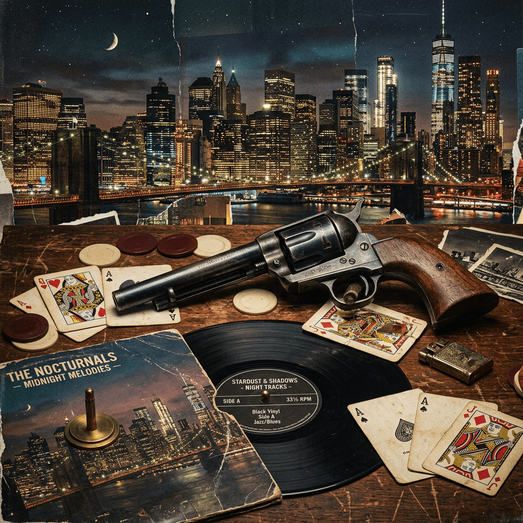 Vintage revolver, playing cards, poker chips, and vinyl records on a wooden table with city skyline at night