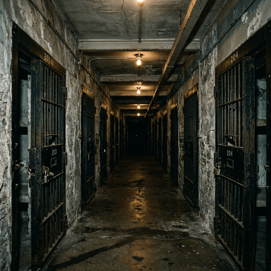 Corridor with numbered rusty barred prison cell doors and peeling walls