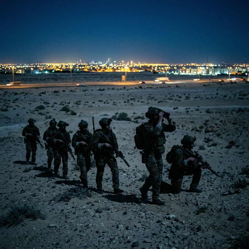 Group of armed soldiers in night gear patrolling desert terrain near city lights