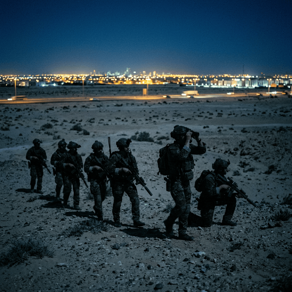 Group of armed soldiers in night gear patrolling desert terrain near city lights