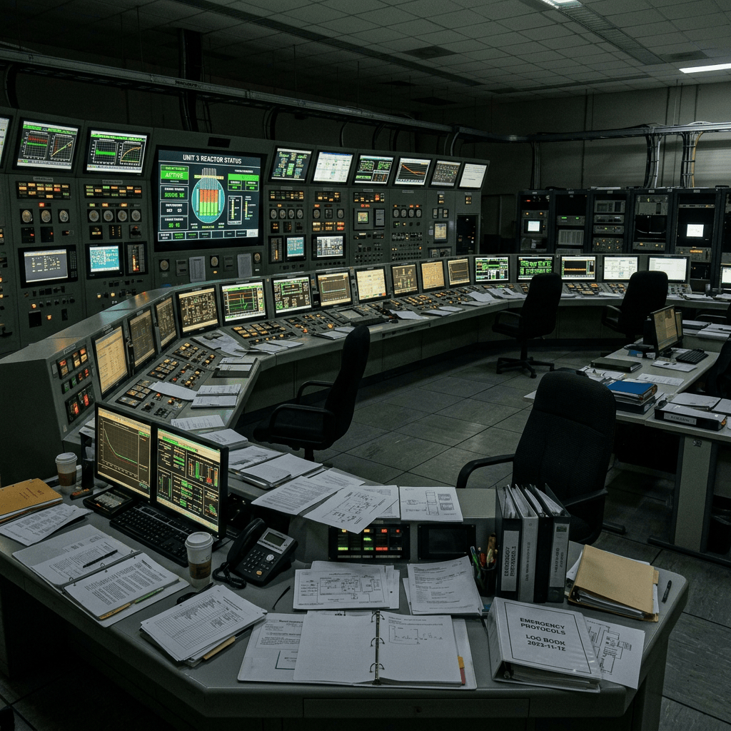 Control room with numerous monitors and panels showing nuclear reactor status and data
