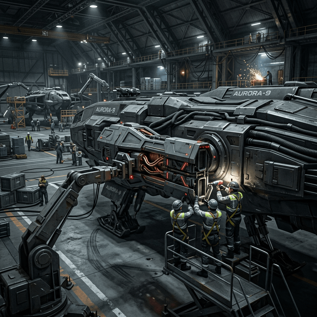 Technicians working on a large futuristic spaceship named Aurora-9 inside an industrial hangar
