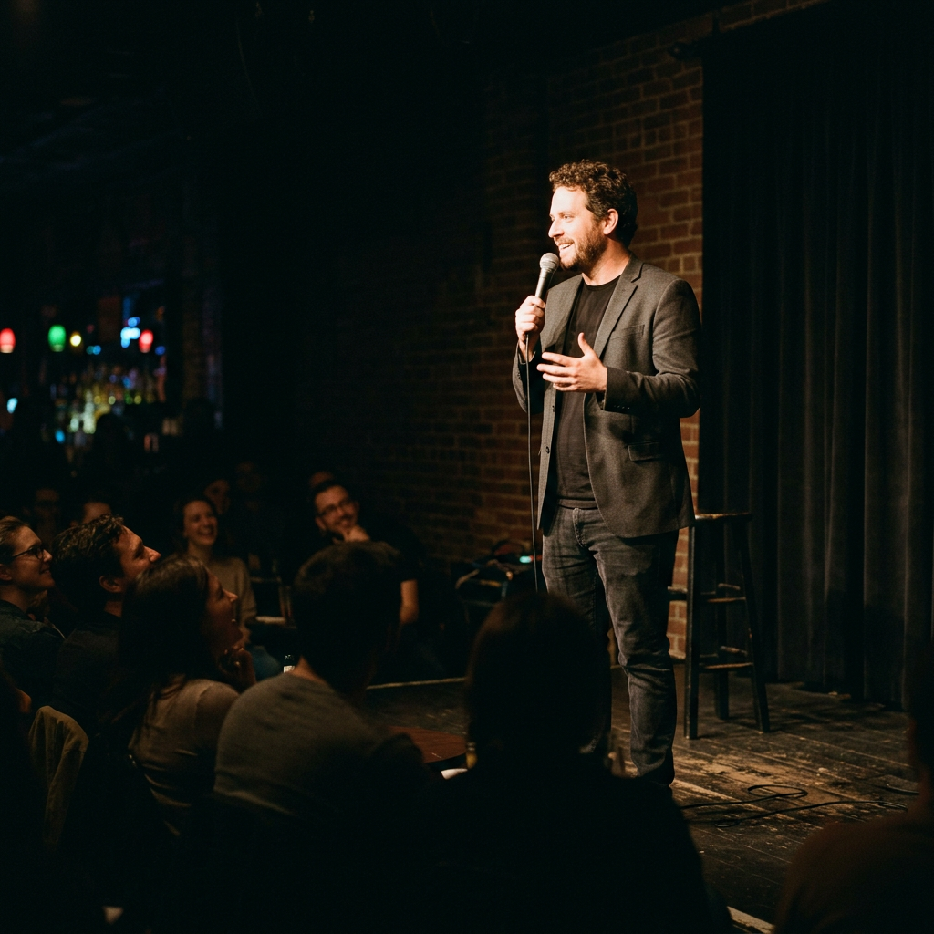 Comedian performing on stage with microphone in front of audience