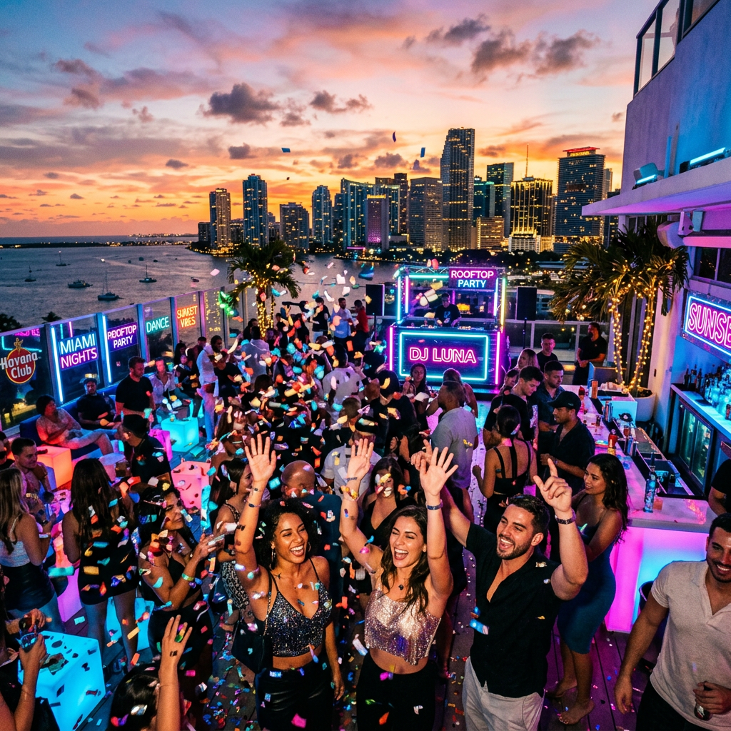 People dancing and celebrating at a rooftop party with city skyline and sunset in the background
