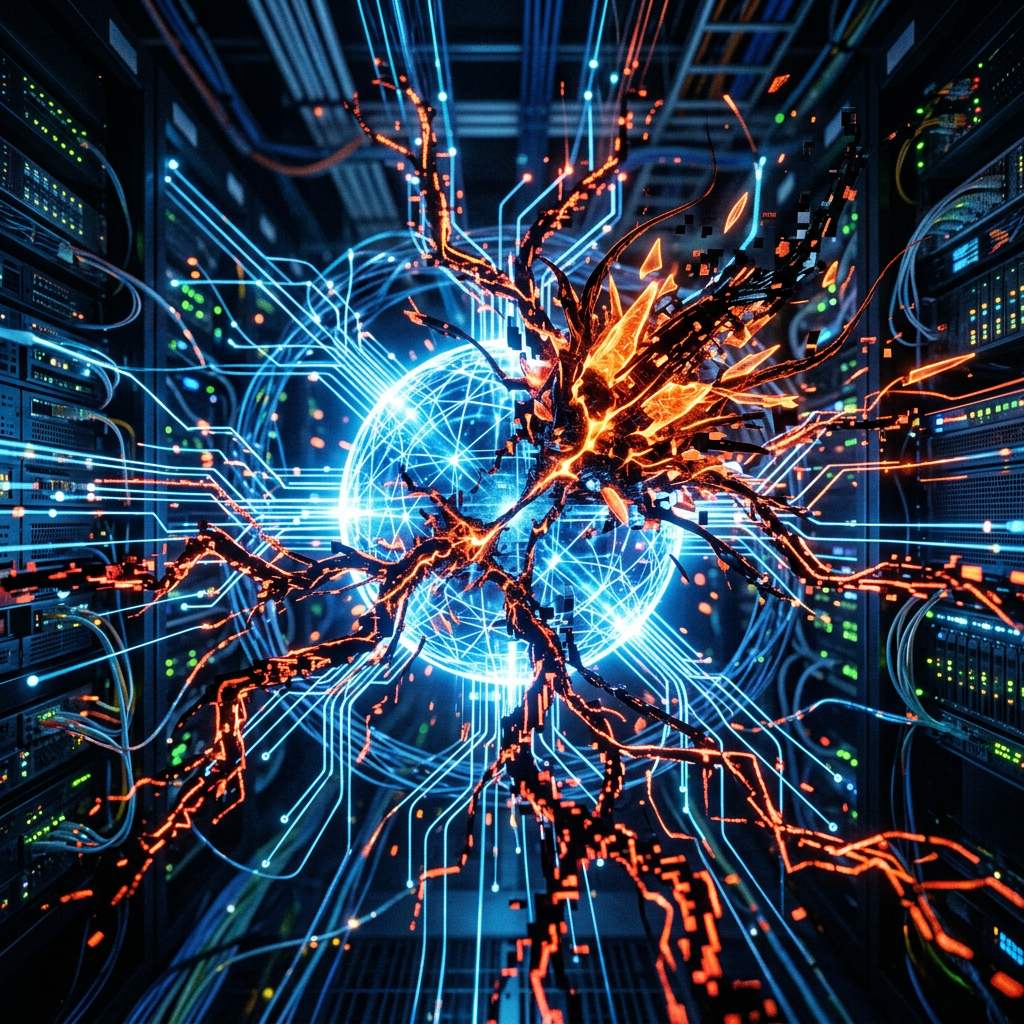 Glowing digital neuron structure emitting blue and orange energy in a server room